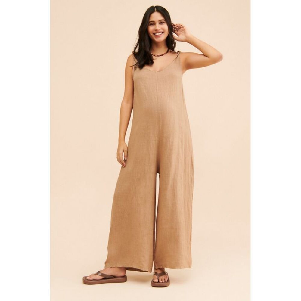 Beachwood The Label Women Maternity Linen Jumpsuit Tan M